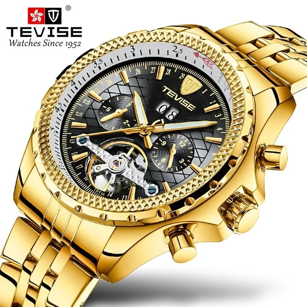 

Men Watch Automatico Mechanical Watches TEVISE Men Business Waterproof Skeleton Gold Blue Toubillon Watch Relogio Masculino