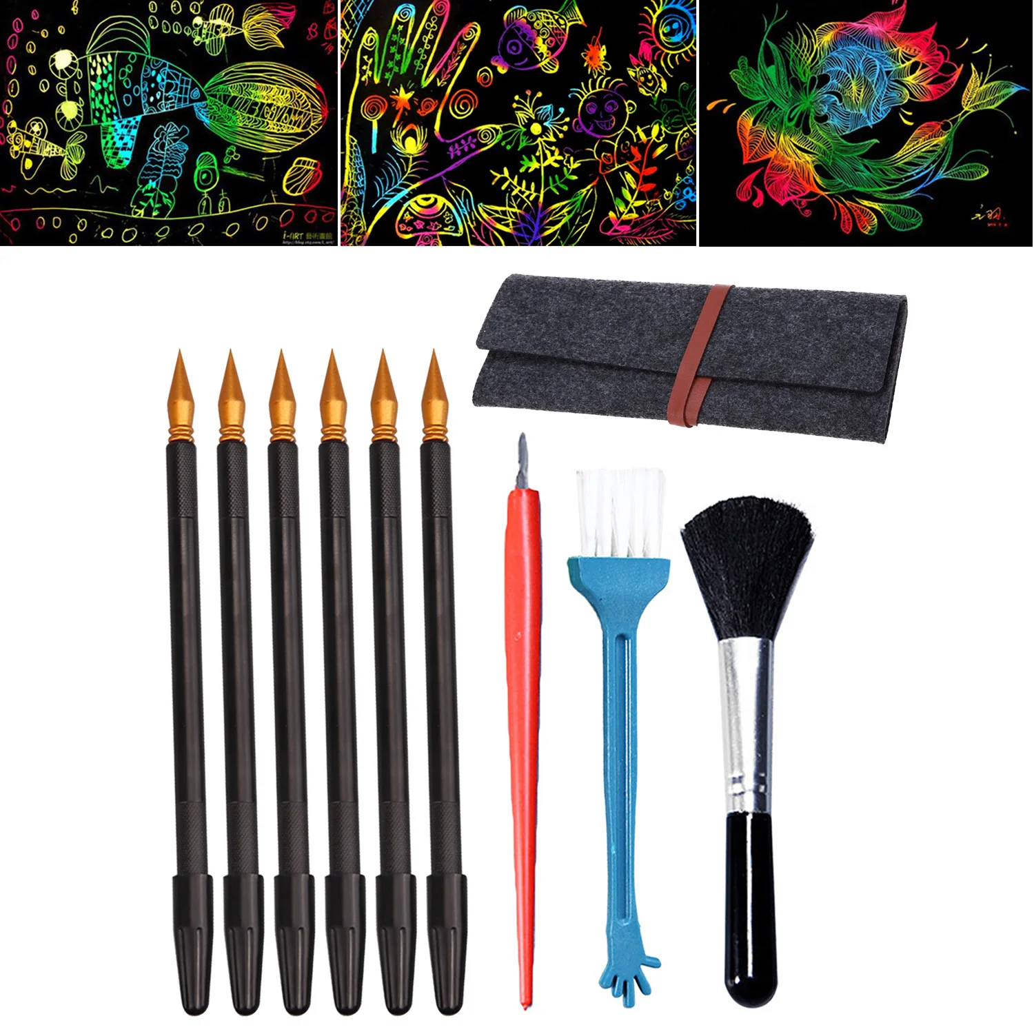 

10Pcs Painting Drawing Scratch Arts Set Tools with Dual-Tip Scratch Pens Scraper Brushes Bag for Children DIY Scratch Toys Gifts