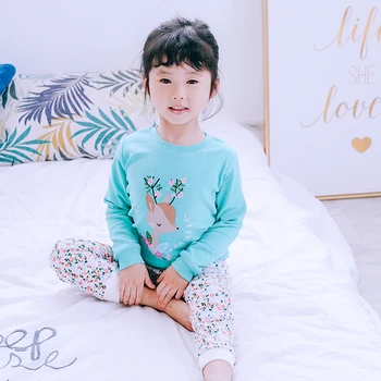 

HT2800-05 Spring Summer Children Pajamas Set Boy girl Cartoon Fawn Nightwear Kids Cotton Sleepwear Tshirt+Pants Baby Nightdress