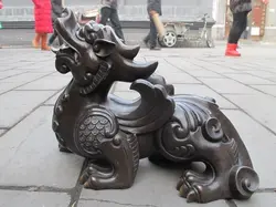 002185 Китайский Фэн-Шуй Чистая Бронзовый Денежное богатство Foo Dog Лев kylin зверь статуя
