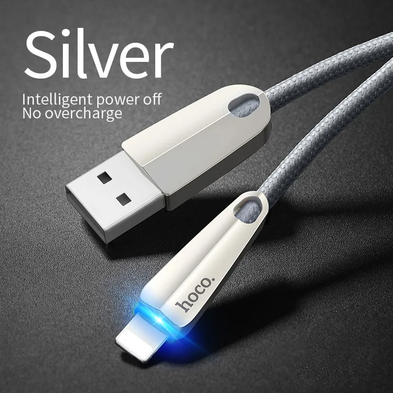 HOCO usb кабель для iphone X 11 Pro Max 8 7 6 ipad mini smart power off светодиодный кабель для быстрой зарядки зарядное устройство для телефона адаптер для передачи данных - Цвет: Silver