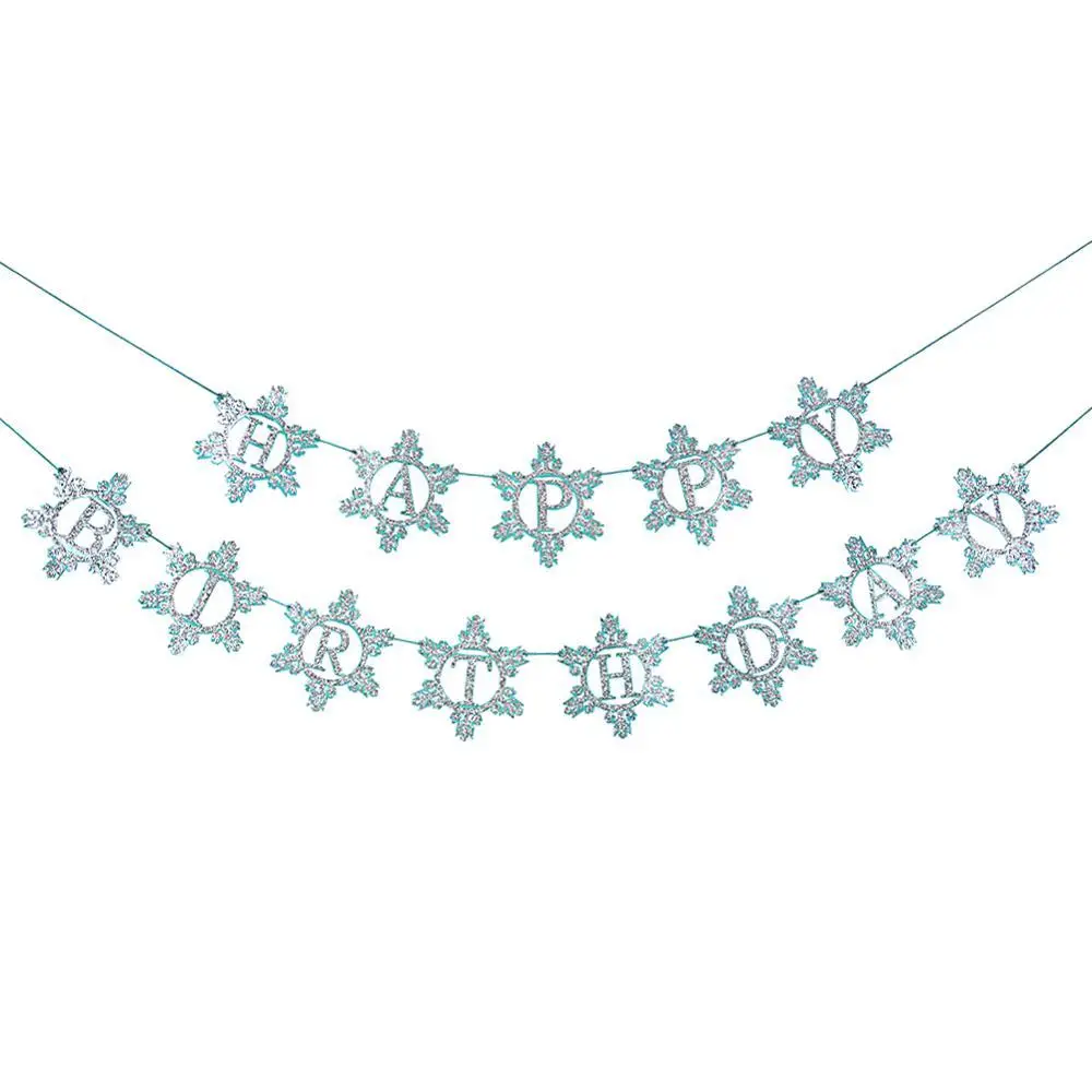 Silver Blue Glitter Happy Birthday Banner Ice and Snow Garland Winter Snowflake Holiday Wall Decoration Frozen Girl Decor