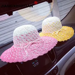 2018 г. роскошные новые модные соломенные патч летняя шляпа Для женщин Beach Sun Шапки Лук широкими полями шапки женский головной Убор