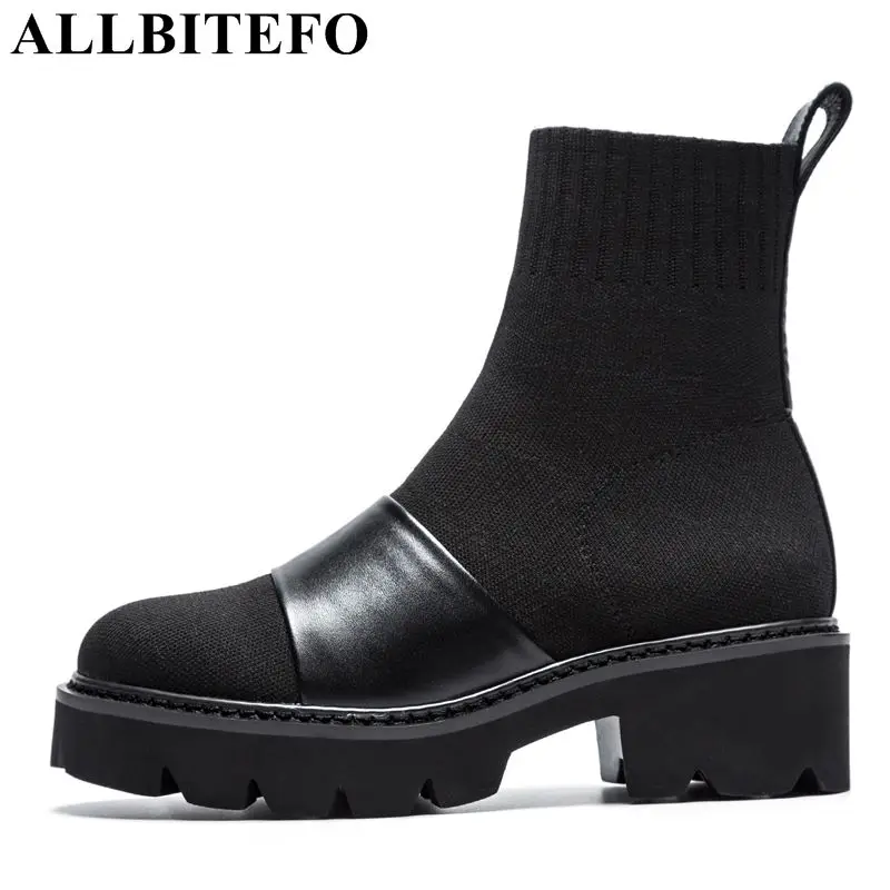 

ALLBITEFO brand fashion genuine leather +knitting soft thick heel women ankle boots Autumn winter breathable motocycle boots
