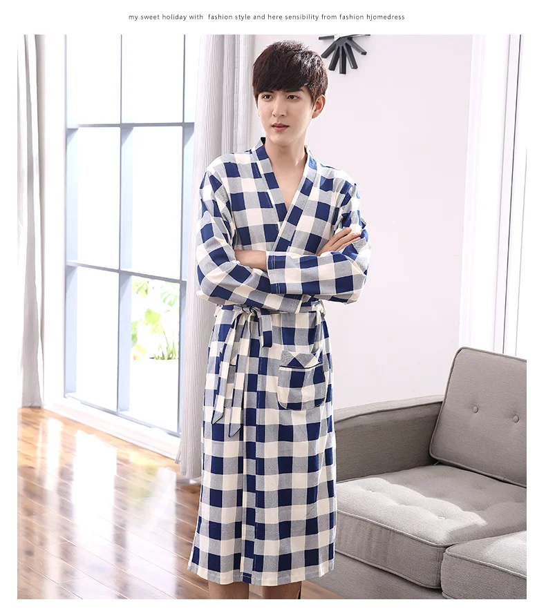Банные мужские халаты 100% хлопок мужские халаты длинное домашнее Пальто мужское кимоно клетчатая Ночная рубашка большого размера Мужская