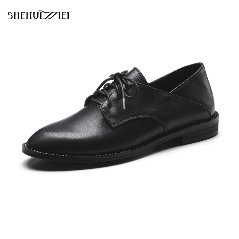 

SHEHUIMEI Genuine Leather Flats Oxford Shoes Woman Vintage Brogue Shoes Brand Designer 2018 Fashion British Style Women's Flat