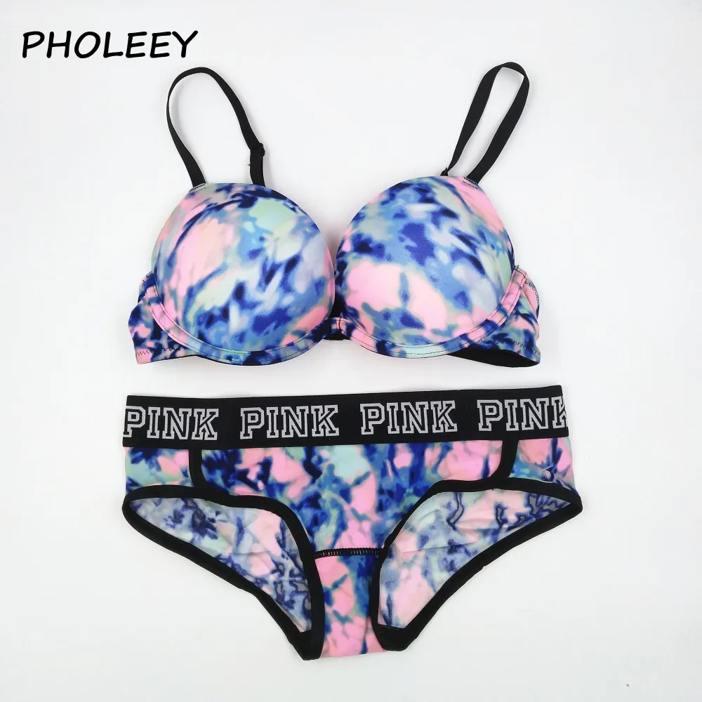

PHOLEEY Autumn winter new Women Bra Underwear Push Up Bra Set Print Panties Plus Size Blue Wine Black Graffiti T17777