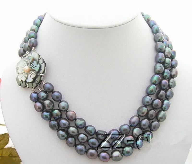 

Natural freshwater pearls 3Strds Black Pearl Necklace Flower Clasp