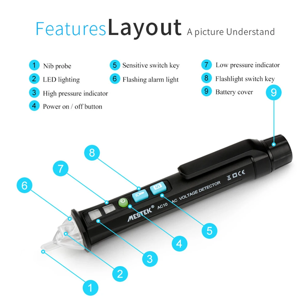MESTEK Интеллектуальный бесконтактный Тестер Напряжения переменного тока в форме ручки детектор со звуком и светильник