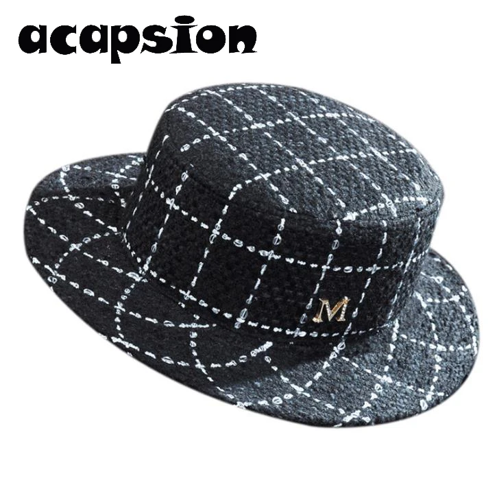 

Acapsion Women Letter M Jazz Fedora Black White Plaid Wool Short Brim Jazz Cap Panama Fedoras Hat For Women Chapeu Feminino