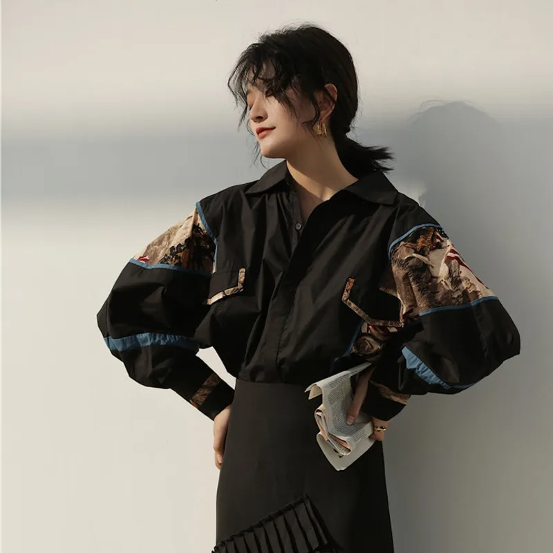  LANMREM 2020 New Fashion Spring Black Print Retro Shirt Female's Batwing Long Sleeve Personlity Blo
