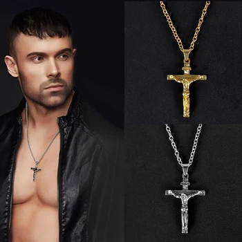 

Christian Pendant Necklace Men Fashion Jewelry Crucifix Jesus Cross pendant Long Chain Necklaces Jewelry