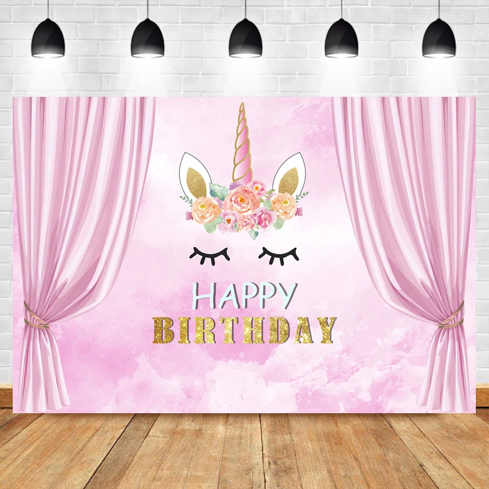 

NeoBack Photography Background Unicorn Birthday Party Backdrop for Family Photographers Pink Curtain Backdrops Photo Shoot