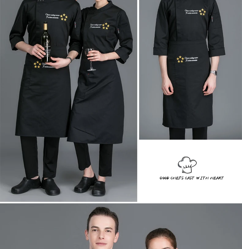 Для мужчин Вышивка косой разрез с длинным рукавом шеф-повара, работающие Костюмы Топ Ресторан Кухня поварские куртки обращенной униформа