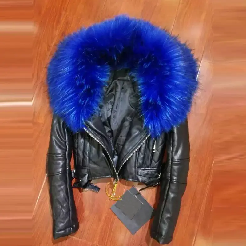 Special Price Real Leather short top jacket slim free shipping black,red, blue big fur collar