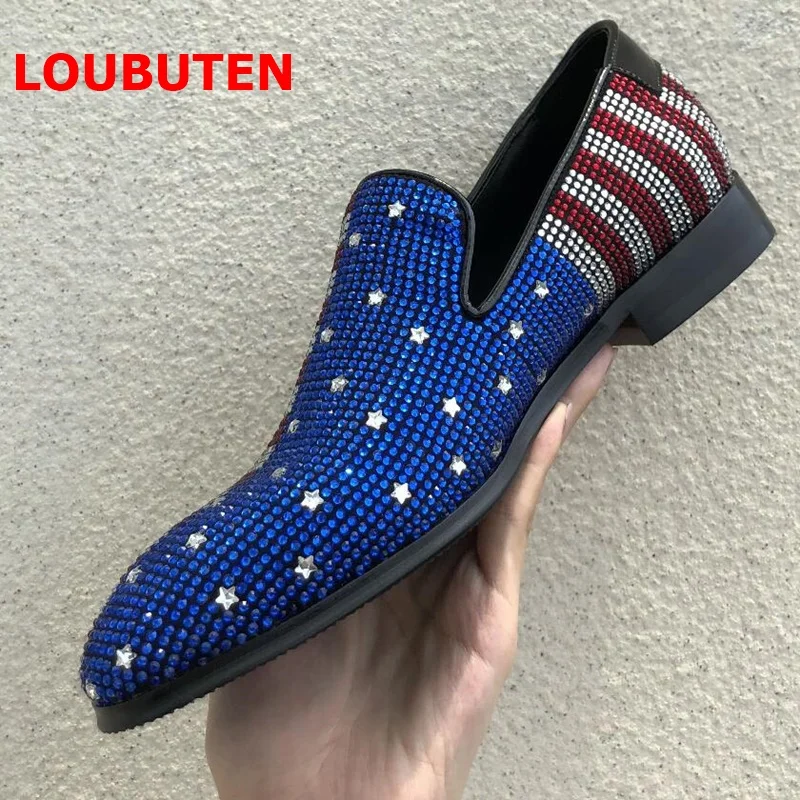 LOUBUTEN Luxury Mixed-color Rhinestone Loafers Men Suede Leather Shoes Handmade Slip On Men's Prom And Wedding Shoes