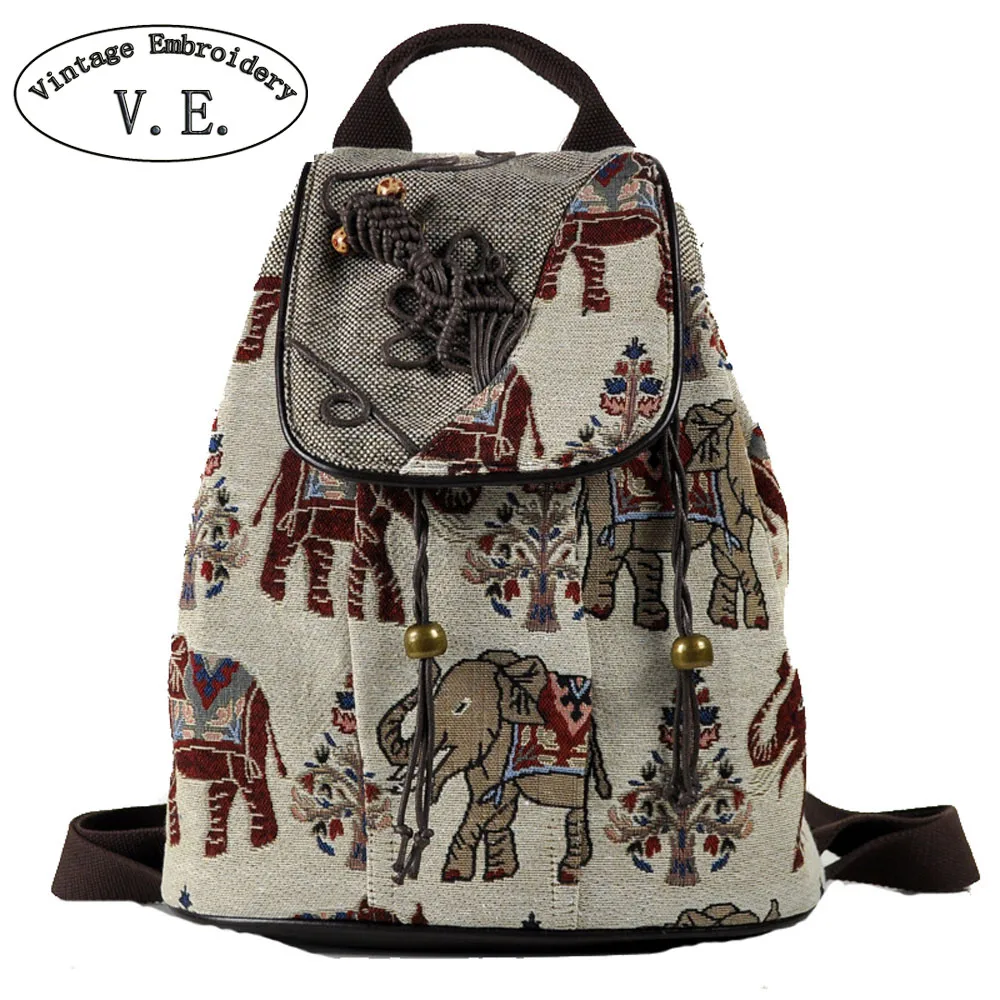 Vintage Embroidery Women Backpack Elephant Embroidered Backpack Canvas Shoulder Bag Travel Rucksack Schoolbag Woman Mochila