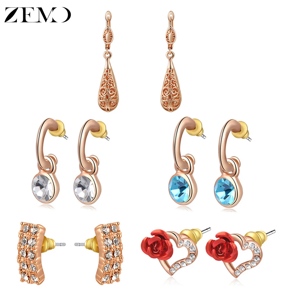 

ZEMO 2019 New Design Stud Earrings Hollow Heart Rose Flower Earrings Cubic Zirconia Trendy Female Ear Stud Jewelry Accessories