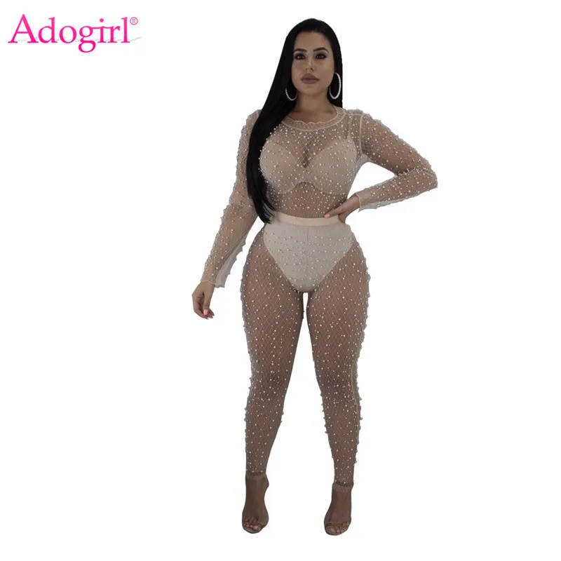 

Adogirl Pearls Sheer Mesh Bandage Jumpsuits Long Sleeve Women Sexy Rompers Night Club Long Bodysuits Overalls Clearance Sale