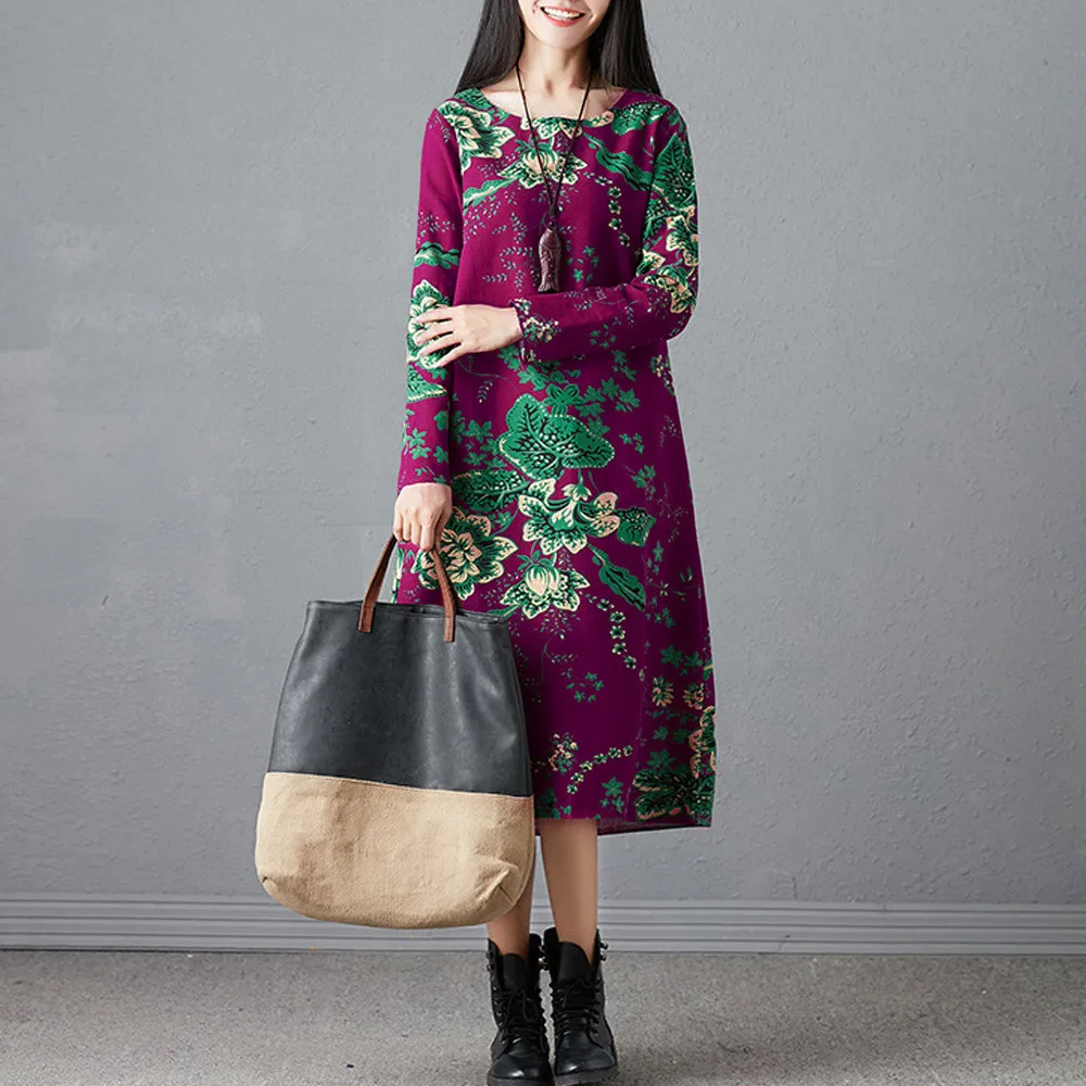 

Fashion Women Dress Summer Autumn Plus Size Folk-Custom Loose Floral Printed Cotton And Linen Dresses Elegant Vintage Dress