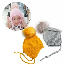 Милая Меховая детская зимняя шапка с помпонами, вязаная крючком Шапка-бини, шапка для маленьких девочек, Шапка-бини для новорожденных, шапка-снуд для детей, теплая шапка с ушками