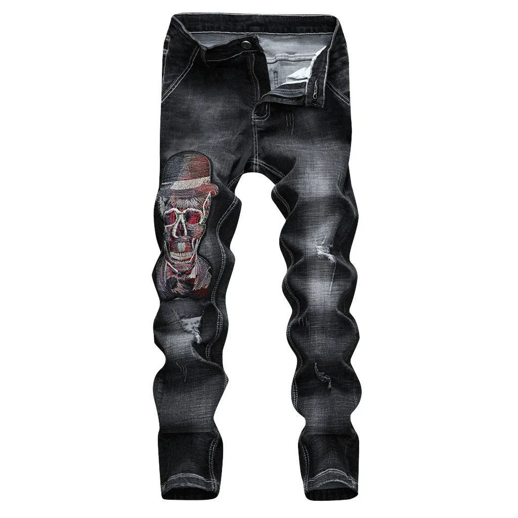 

JAYCOSIN Nostalgic style hole motorcycle men's jeans embroidery skull high quality cotton European and American fashion jeans