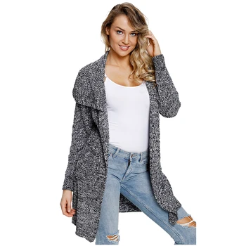 

2018 Women Autumn Winter New Open Stitch Long-Sleeved Gray Chunky Long Cardigan with Side Pockets