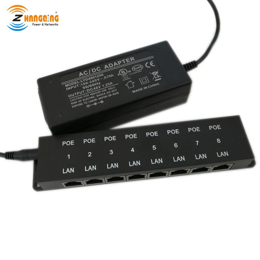 

PoE Patch Panel 8 Port PoE Injector For CCTV Camera 802.3af Standard With 48V 60W Power Supply