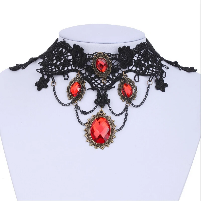 Victorian Gothic Halloween Red Rhinestone Charms Vampire Maxi Necklace Choker Fashion 2017 Cocktail Evening Party Dress Jewelry - Image 2