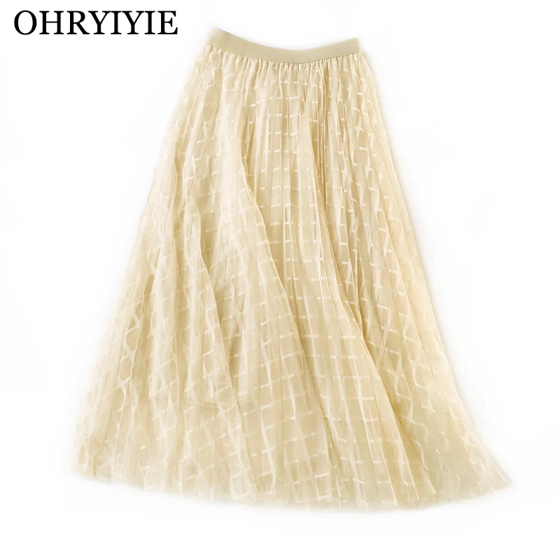 OHRYIYIE клетчатая длинная юбка из тюля для женщин весна лето сетчатая юбка в складку Женская высокая талия темпераментная юбка Jupe Lonue Femme