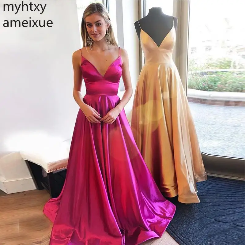 

2019 New Spaghetti Straps Fuchsia Gold Prom Dresses V-neck Simple Formal Party Sweep Train Long Special Occasion Dress Elegant