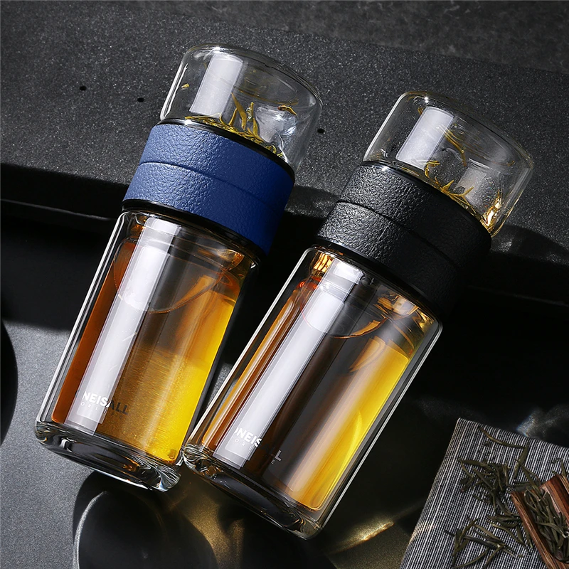Cena Dwuwarstwowa szklana butelka kreatywna wysokiej jakości szkło borokrzemowe filiżanka herbata nauczyciel separacja butelka wody 320ML + 200ML