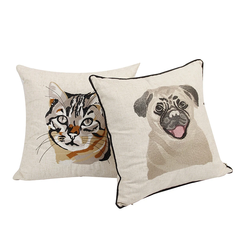 Embroidered Throw Cushion Cover Sofa Cotton Linen Pillowcase Pug Dog Cat Throw Pillows Children Animal Cushion Case Bulldog New Cat Throw Pillow Cushion Casecushion Cover Aliexpress