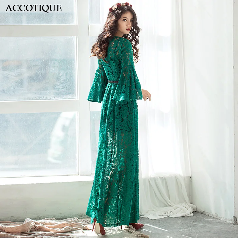 

High Quality 2017 New Summer Womens Green Lace Hollow Out Floor Length Dress Female Plus Size Flare Sleeve Long Maxi Dress