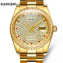 Роскошные мужские часы SANGDO, золотые, нержавеющая сталь, автоматические механические, сапфировое стекло, водонепроницаемые часы с календарем, мужские часы
