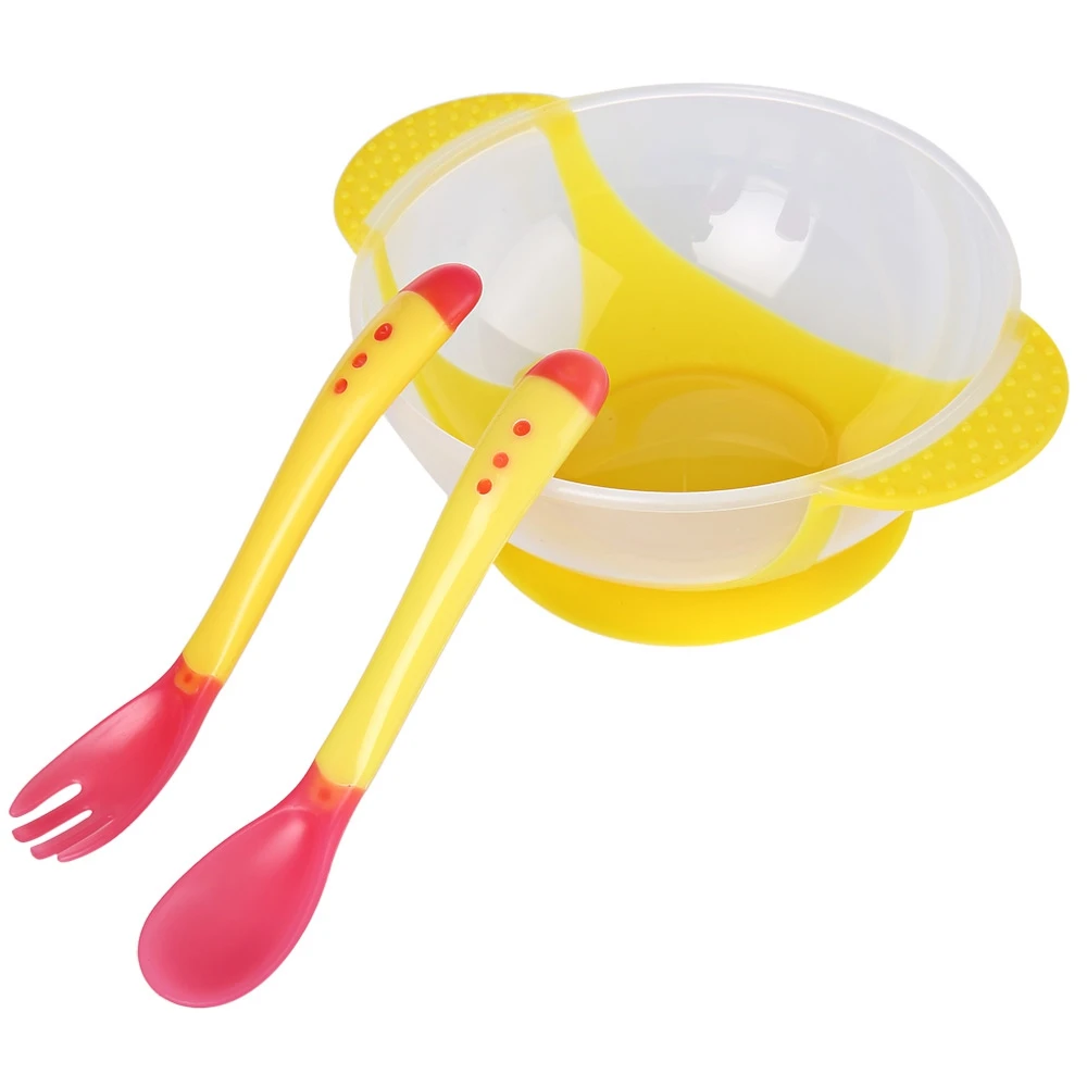 New arrive 3 Colors Feeding Child Tableware Bright Color Babies Bowl with Suction Cup Assist Temperature Sensing Spoon
