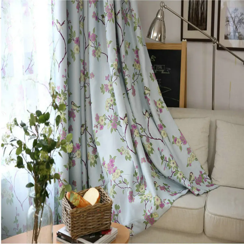 Floral Printed Blackout Curtains Birds Pattern Window Drapes For