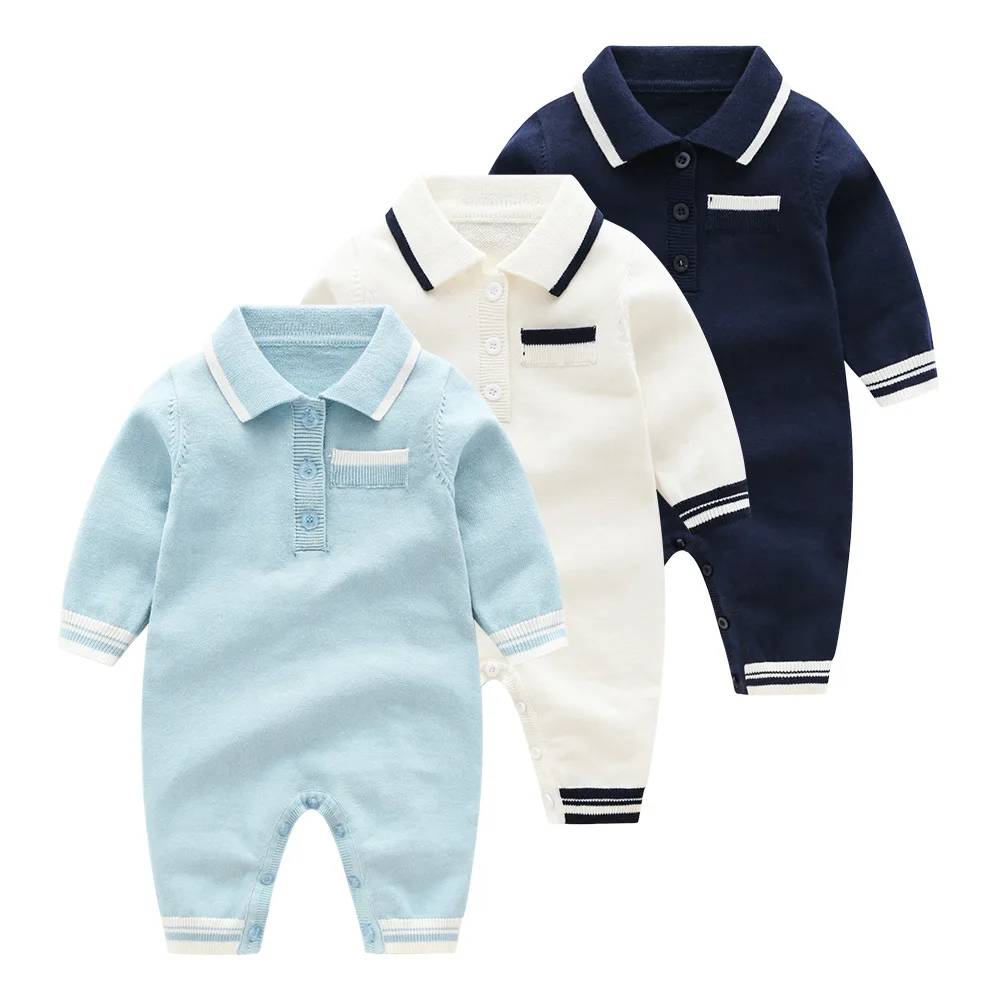 

New autumn knitted jumpsuit multi-color lapel coat boy baby pure cotton wool baby clothes