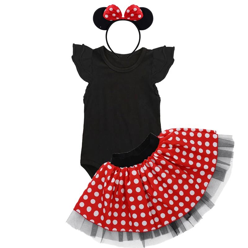 

3pcs Set Minnie Mouse Dress Up Fly Sleeve Romper and Polka Dot Ball Gown Skirt with Headband Baby Girls Clothes for Photo Shoot