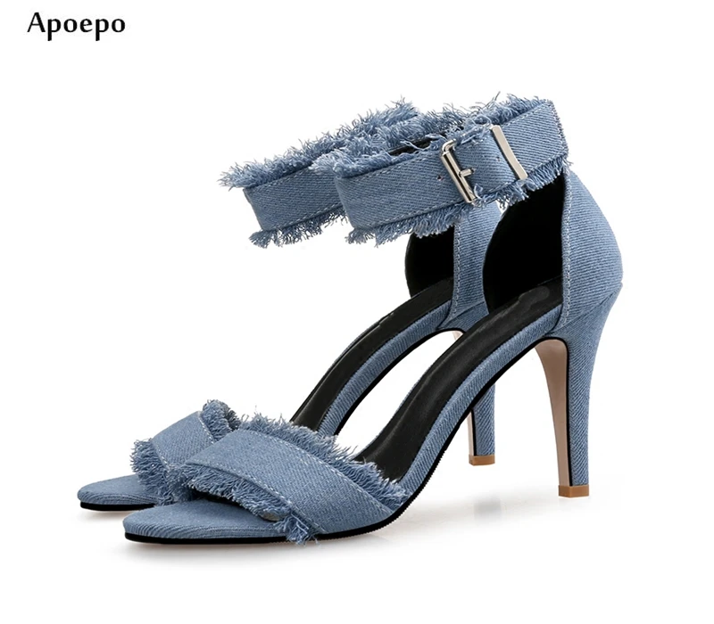 Apoepo 2018 Summer Sexy High Heel Sandal Open Toe Denim Blue Ankle Strap Thin Heels Shoes Woman Jeans Sandal 