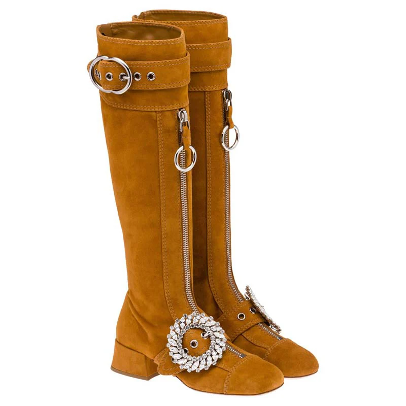 

Suede Women Boots Glitter Crystal Long Booties Metal Belt Buckle Design Women Shoes Double Zipper Women Winter Boots Med Heel