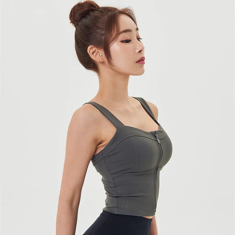

Women Solid Sports Bra Front Zipper Fitness Top Sling Gather Vest Gym Workout Sports Brassiere Sexy Beautiful Back Yoga Top