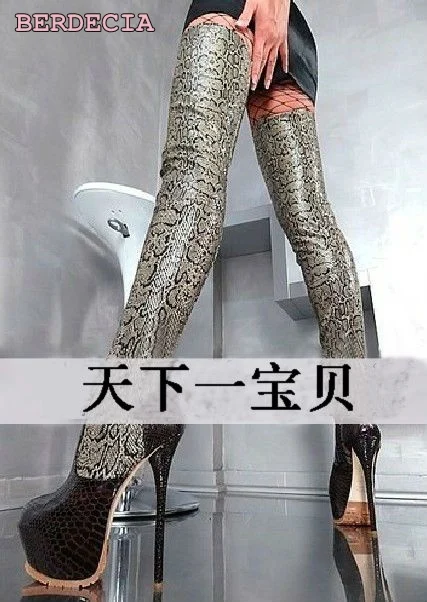 

2017 newest python leather 16 cm high hell over-the-knee tall boots platform stiletto heel thigh highboots high quality shoes