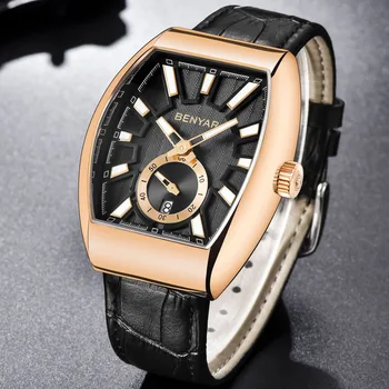 

Benyar Business Watch Men Waterproof Quartz Square Watch Men Genuine Leather Golden Wrist Watch Men Clock Male relojes hombre