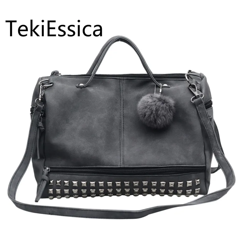 Tekiessica кожа сумка женский топ-ручка Сумки Tote заклепки больше Мех животных мяч