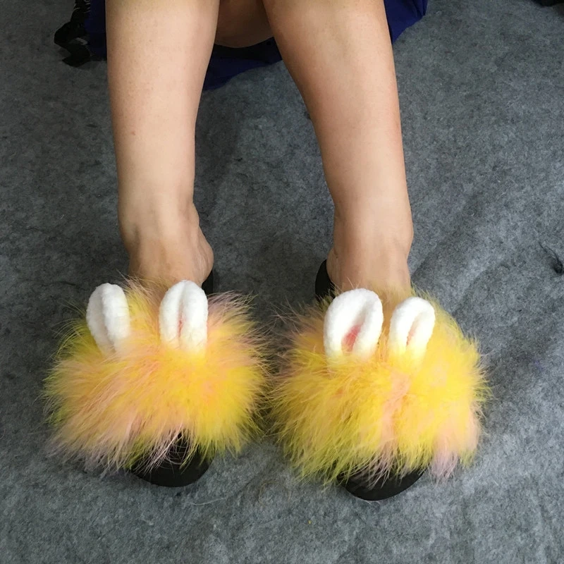 

2017 Summer women slippers real feather turkey fur platform wedge heel thick bottom rabbit ear sandals slides mules