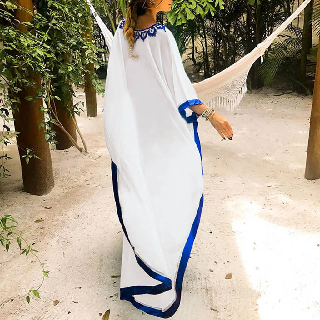 Womail размера плюс женские богемные платья свободные вышитые синий белый шифон Пляжная одежда макси платье с o-образным вырезом JULY03 Vestido