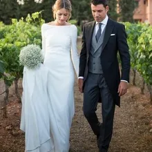 Скромные на пуговицах с длинным рукавом оболочка Свадебное платье сад Бохо пляжные свадебные платья в стиле Country сексуальное с открытой спиной атласные свадебные платья