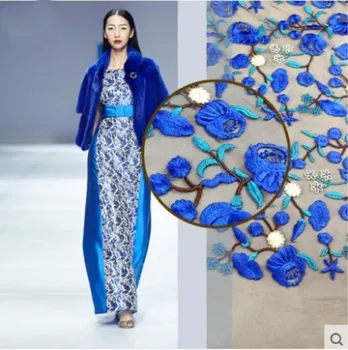 

Blue embroidery Heavy / mesh embroidery cheongsam dress clothing DIY fabric lace fabric width 1.2m