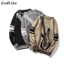 GODLIKE Mens autumn new sweater round neck long sleeve guitar pattern printing knit fashion handsome tide render unlined garment